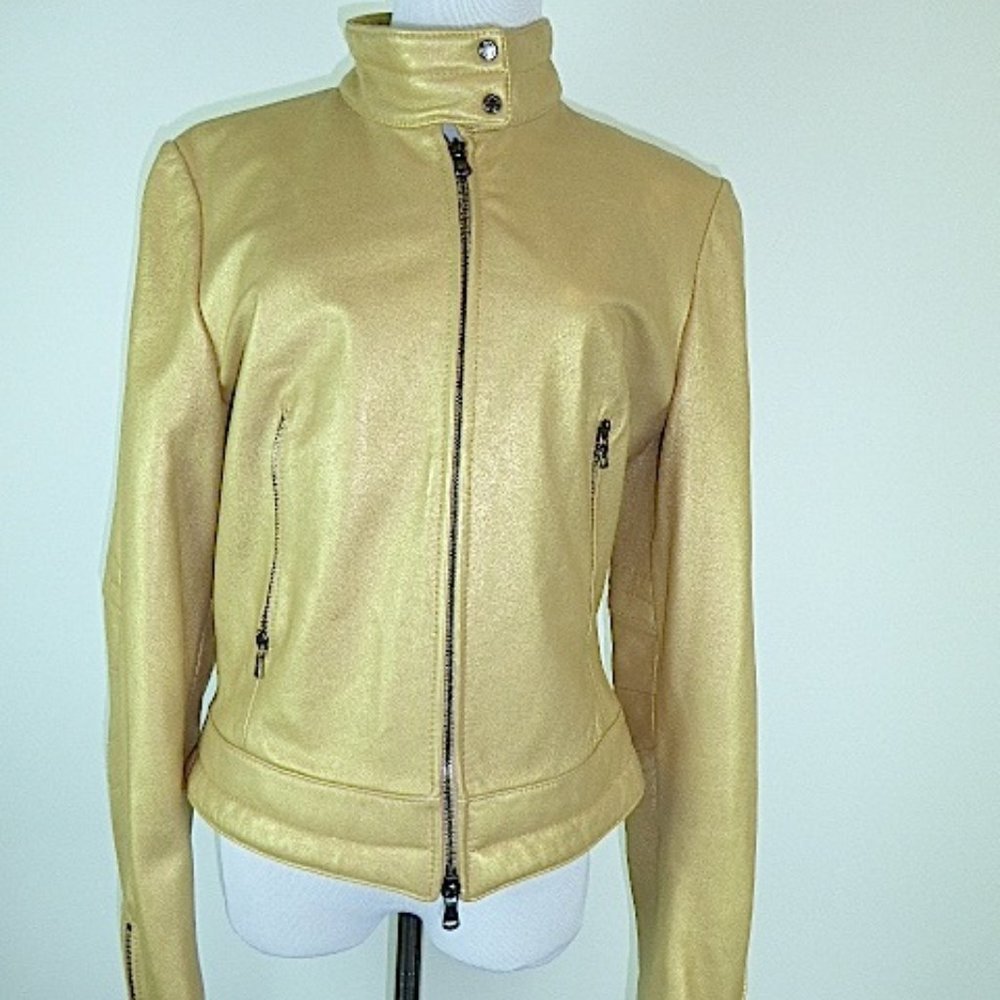 Vent Couvert Paris Gold geniune lambskin leather zip moto jacket 3 L